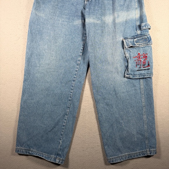B One Soul Vintage‎ Baggy Cargo Jeans Light Wash Embroidered Dragon 36x32 Mens - Picture 4 of 13